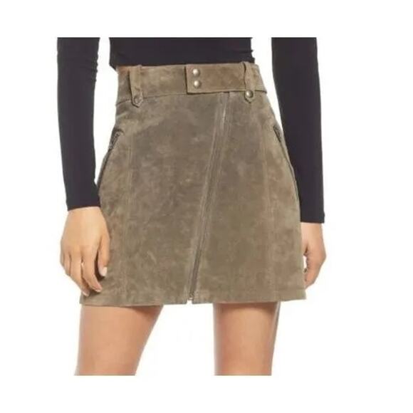 BlankNYC Women A Line Mini Moto Suede Skirt 25 Taupe Green Asymmetrical Zip FLAW - Picture 1 of 8
